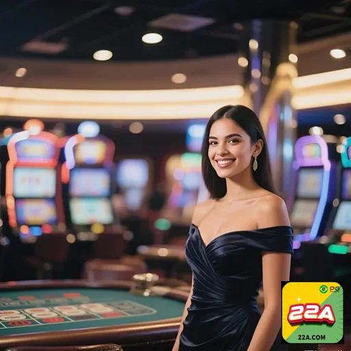 Imagem de um casino com o logo 22a, destaque para jogos de azar e ambiente sofisticado do site 22a